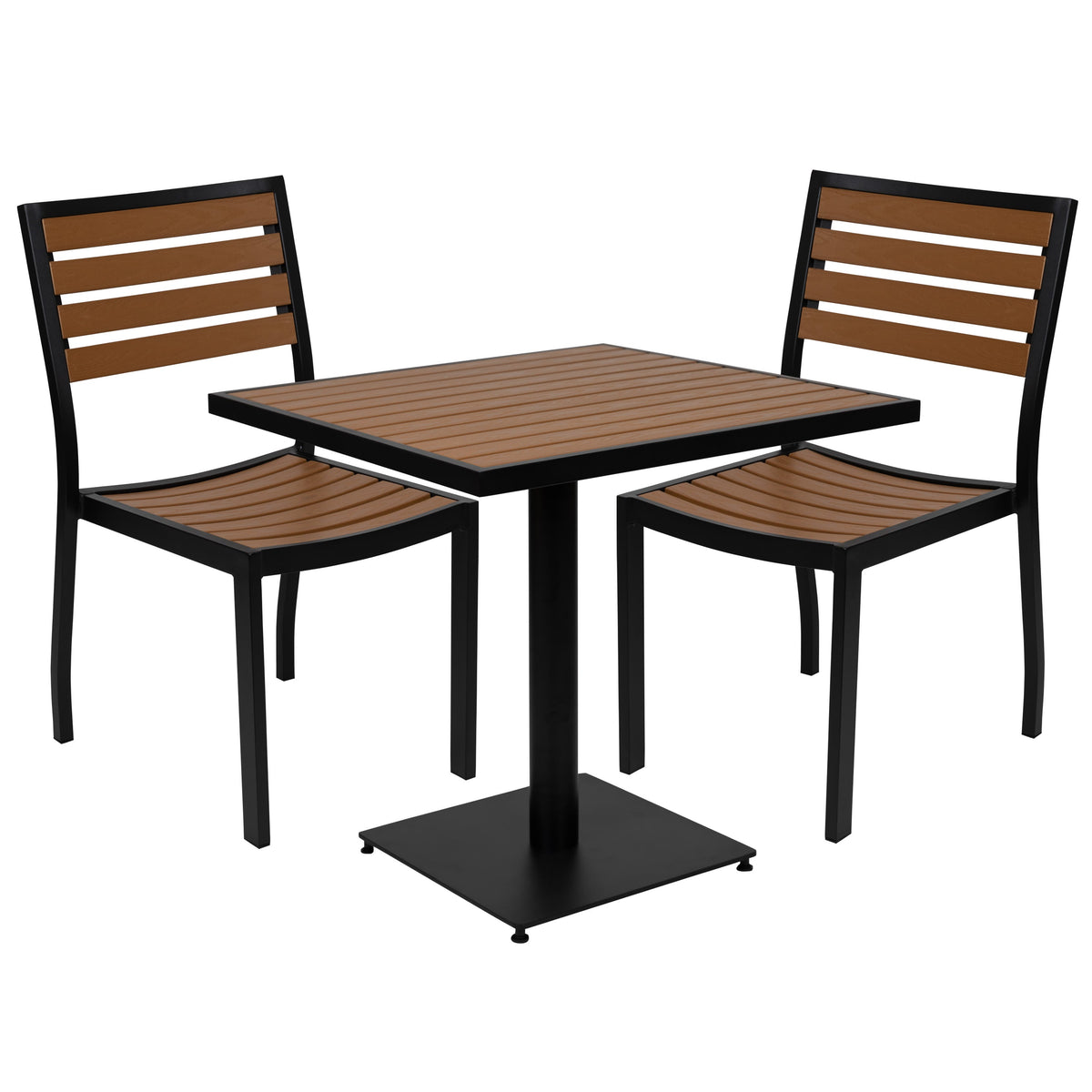 Flash Furniture XU-DG-10456033-GG Outdoor Patio Bistro Dining Table Set with 2 Chairs and Faux Teak Poly Slats - Main view