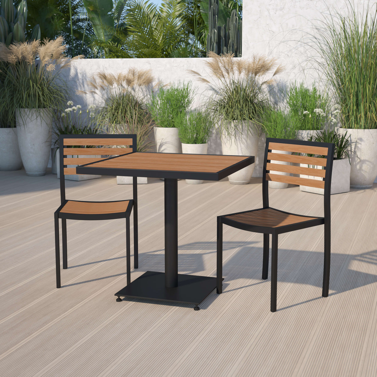 Flash Furniture XU-DG-10456033-GG Outdoor Patio Bistro Dining Table Set with 2 Chairs and Faux Teak Poly Slats - View 2