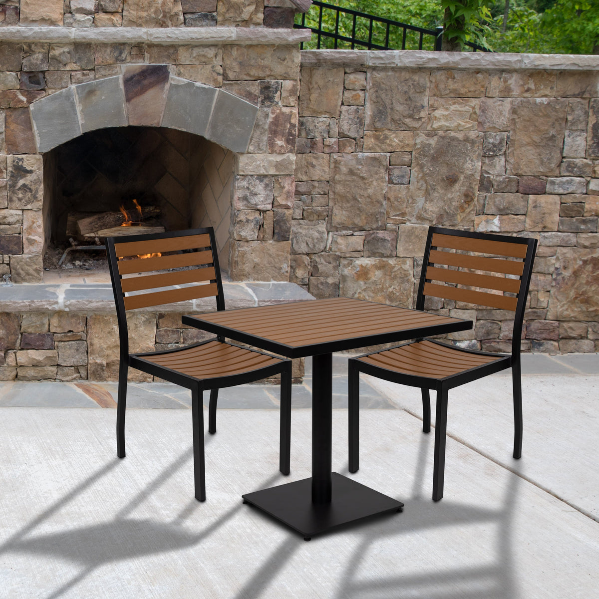 Flash Furniture XU-DG-10456033-GG Outdoor Patio Bistro Dining Table Set with 2 Chairs and Faux Teak Poly Slats - View 7