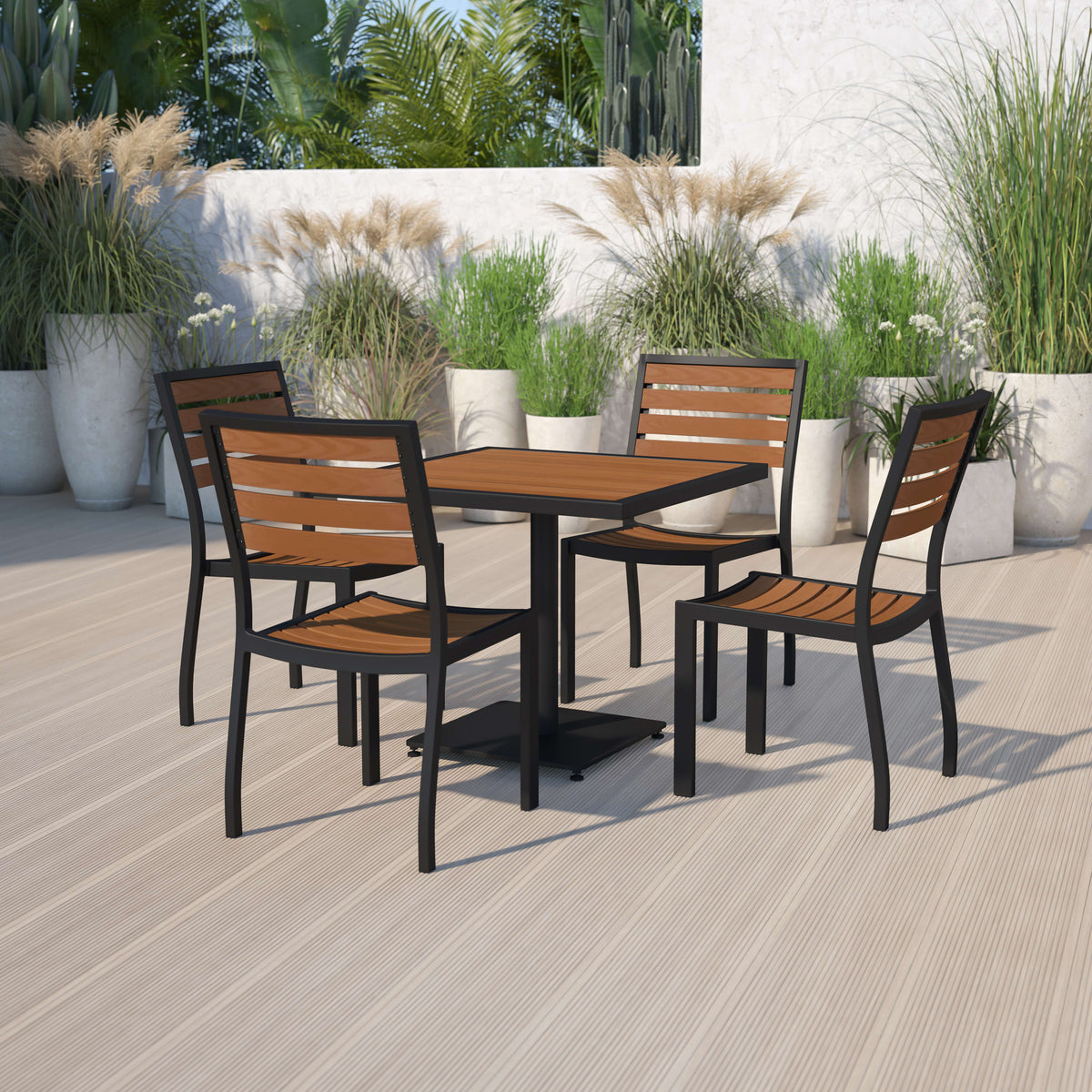 Flash Furniture XU-DG-10456036-GG Outdoor Patio Bistro Dining Table Set with 4 Chairs and Faux Teak Poly Slats - View 2