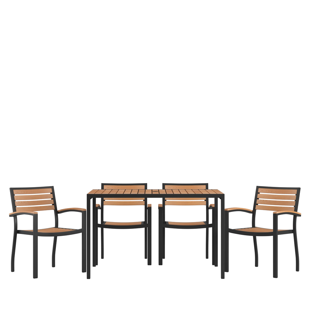 Flash Furniture XU-DG-304860064-GG Black Steel Framed 30" x 48"Faux Teak Table with Umbrella Hole & 4 Club Chairs - Main view
