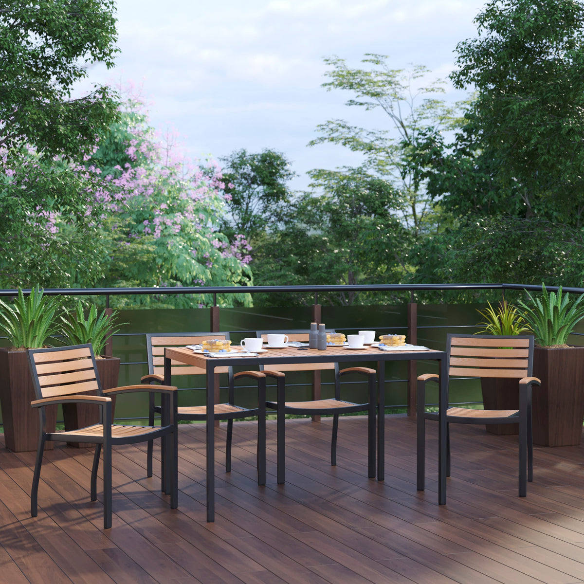Flash Furniture XU-DG-304860064-GG Black Steel Framed 30" x 48"Faux Teak Table with Umbrella Hole & 4 Club Chairs - View 2