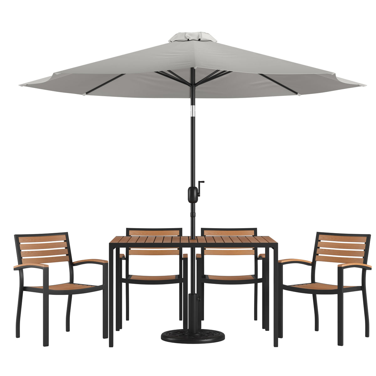 Flash Furniture XU-DG-304860064-UB19BGY-GG 30" x 48" Faux Teak Patio Table, 4 Chairs and Gray 9FT Patio Umbrella with Base - Main view