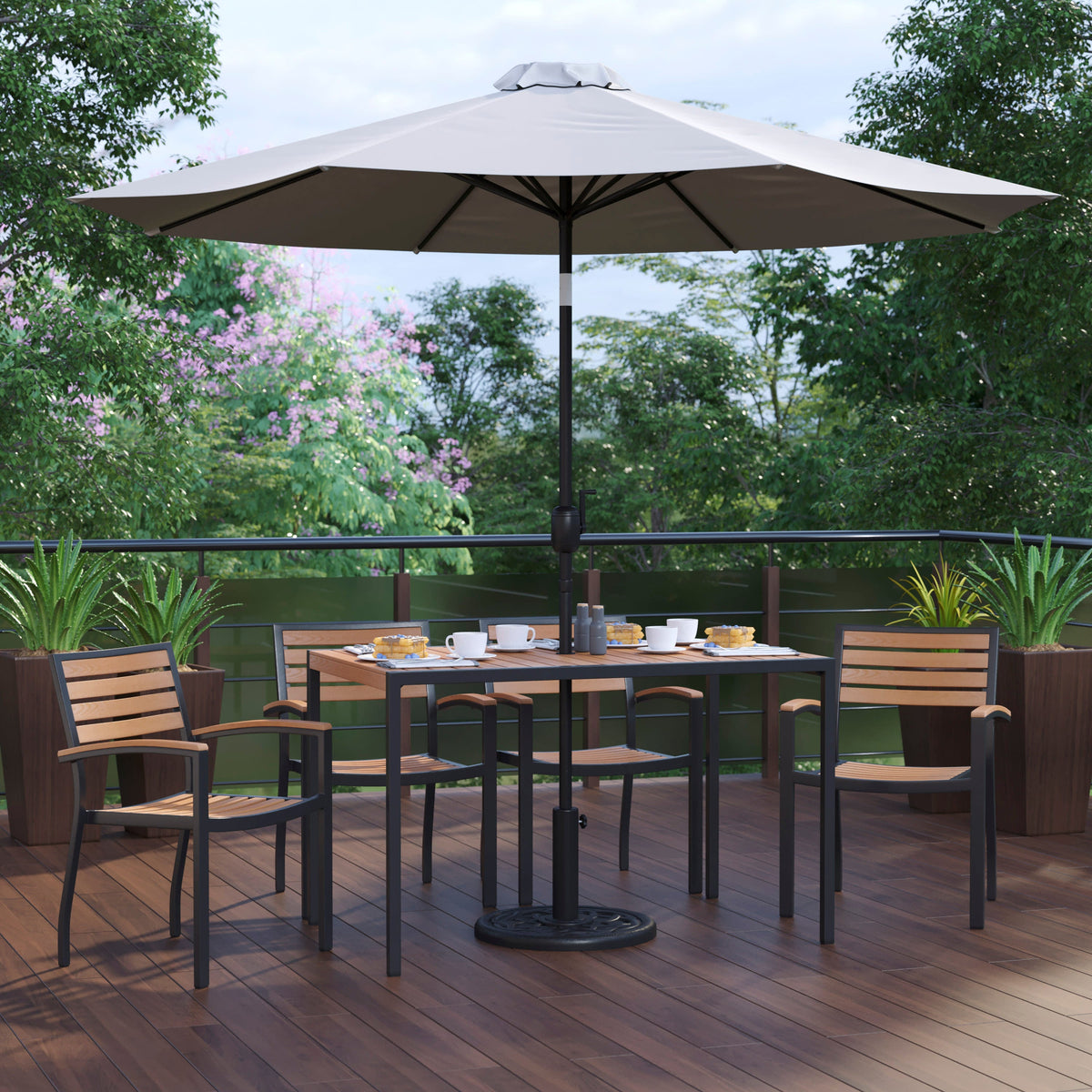 Flash Furniture XU-DG-304860064-UB19BGY-GG 30" x 48" Faux Teak Patio Table, 4 Chairs and Gray 9FT Patio Umbrella with Base - View 2