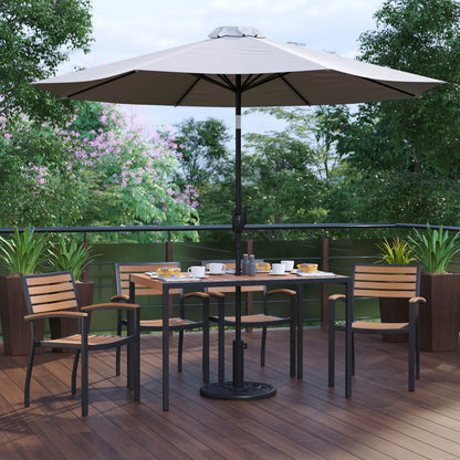 Flash Furniture XU-DG-304860064-UB19BGY-GG 30" x 48" Faux Teak Patio Table, 4 Chairs and Gray 9FT Patio Umbrella with Base - View 2