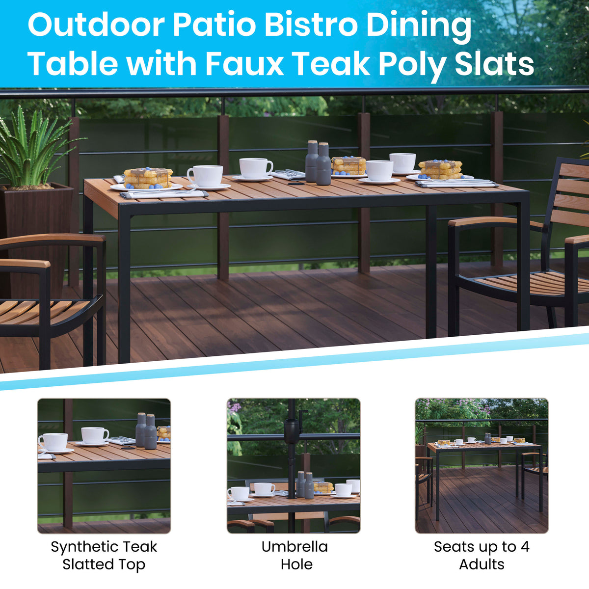 Flash Furniture XU-DG-304860064-UB19BGY-GG 30" x 48" Faux Teak Patio Table, 4 Chairs and Gray 9FT Patio Umbrella with Base - View 3