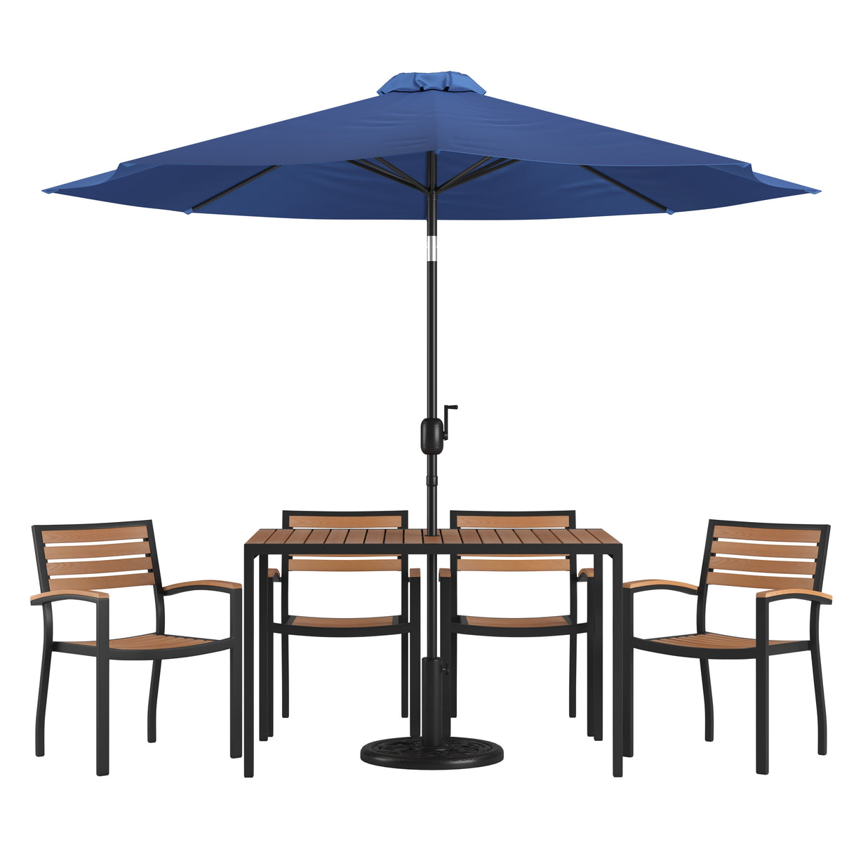 Flash Furniture XU-DG-304860064-UB19BNV-GG 30" x 48" Faux Teak Patio Table, 4 Chairs and Navy 9FT Patio Umbrella with Base - Main view