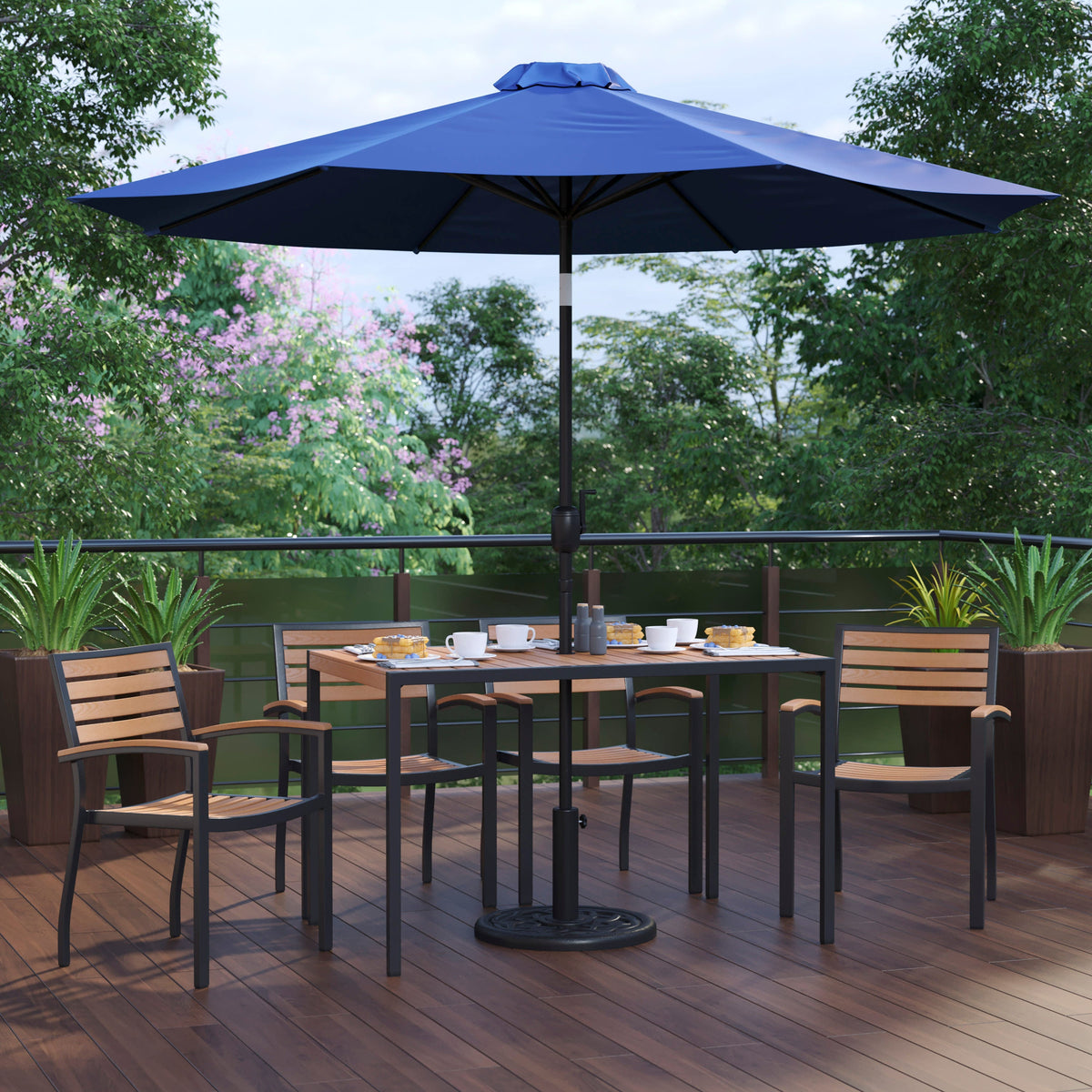 Flash Furniture XU-DG-304860064-UB19BNV-GG 30" x 48" Faux Teak Patio Table, 4 Chairs and Navy 9FT Patio Umbrella with Base - View 2