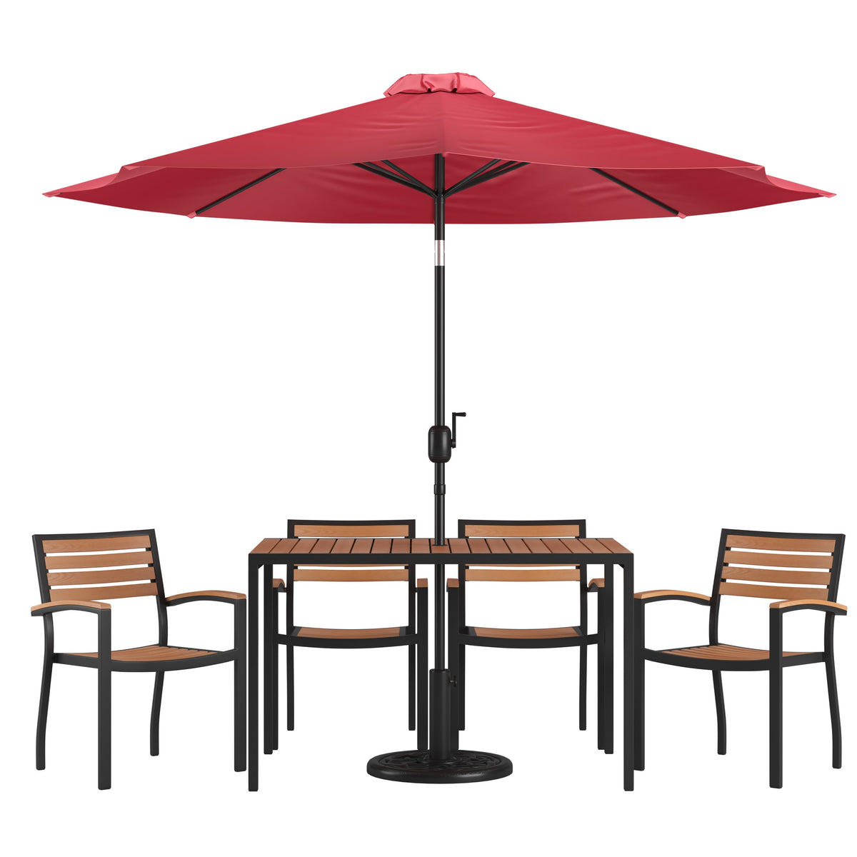 Flash Furniture XU-DG-304860064-UB19BRD-GG 30" x 48" Faux Teak Patio Table, 4 Chairs and Red 9FT Patio Umbrella with Base - Main view