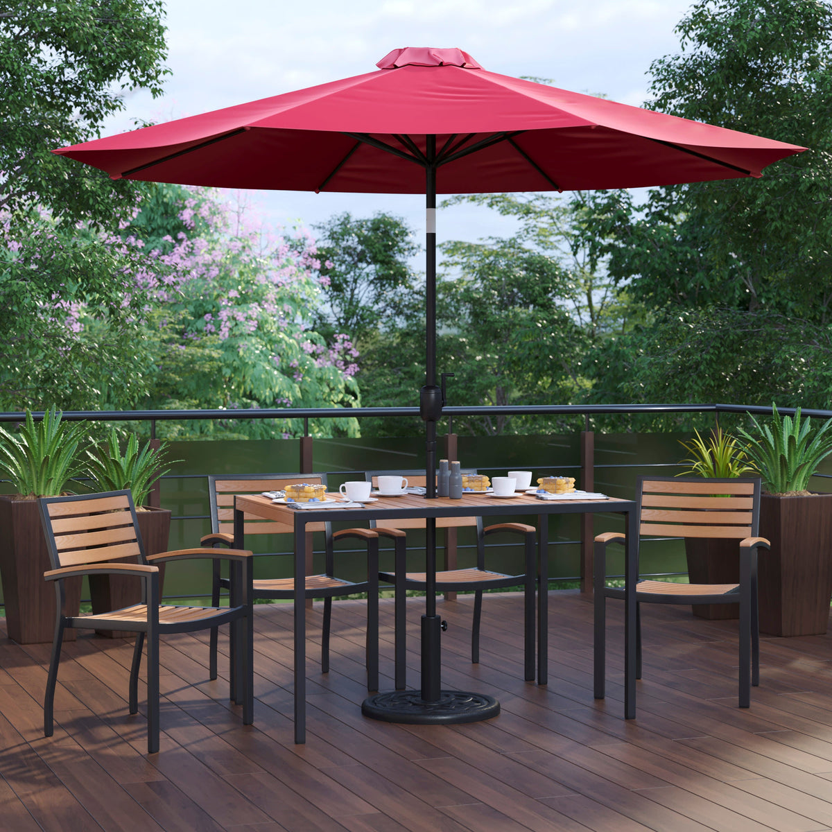 Flash Furniture XU-DG-304860064-UB19BRD-GG 30" x 48" Faux Teak Patio Table, 4 Chairs and Red 9FT Patio Umbrella with Base - View 2