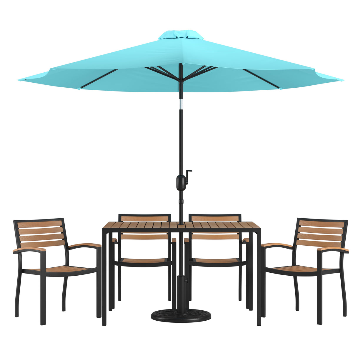 Flash Furniture XU-DG-304860064-UB19BTL-GG 30" x 48" Faux Teak Patio Table, 4 Chairs and Teal 9FT Patio Umbrella with Base - Main view