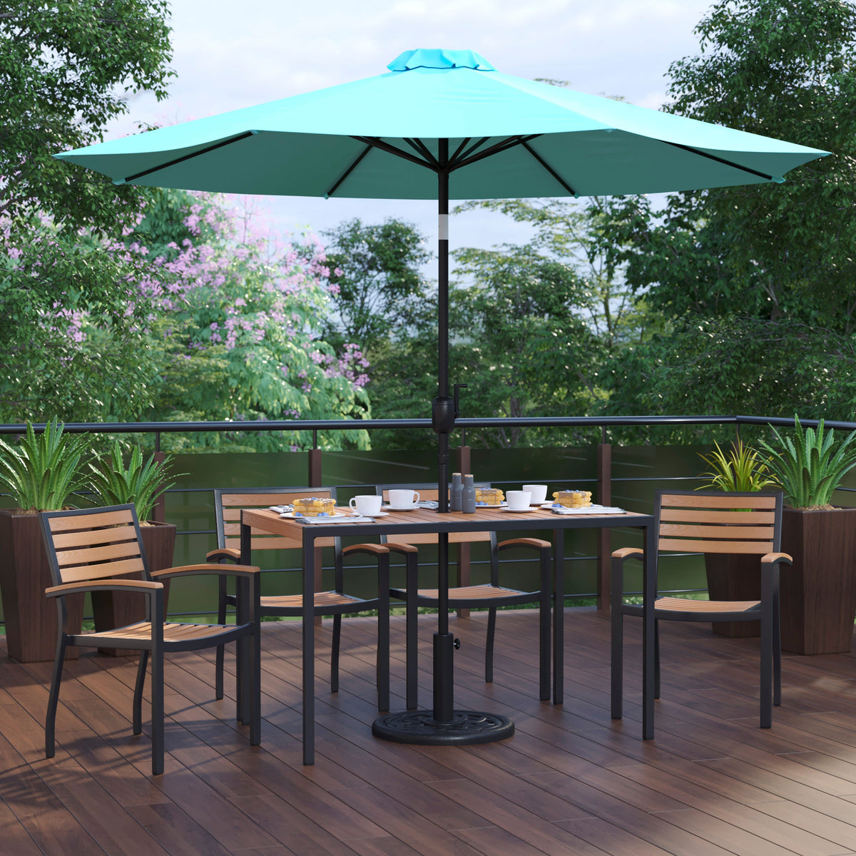 Flash Furniture XU-DG-304860064-UB19BTL-GG 30" x 48" Faux Teak Patio Table, 4 Chairs and Teal 9FT Patio Umbrella with Base - View 2