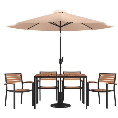 Flash Furniture XU-DG-304860064-UB19BTN-GG 30" x 48" Faux Teak Patio Table, 4 Chairs and Tan 9FT Patio Umbrella with Base - Main view