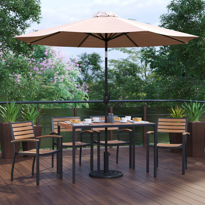 Flash Furniture XU-DG-304860064-UB19BTN-GG 30" x 48" Faux Teak Patio Table, 4 Chairs and Tan 9FT Patio Umbrella with Base - View 2