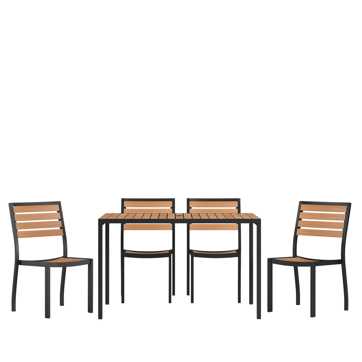 Flash Furniture XU-DG-304860364-GG Indoor/Outdoor 30" x 48" Black Steel Framed Faux Teak Patio Table with 4 Chairs - Main view