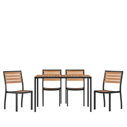 Flash Furniture XU-DG-304860364-GG Indoor/Outdoor 30" x 48" Black Steel Framed Faux Teak Patio Table with 4 Chairs - Main view