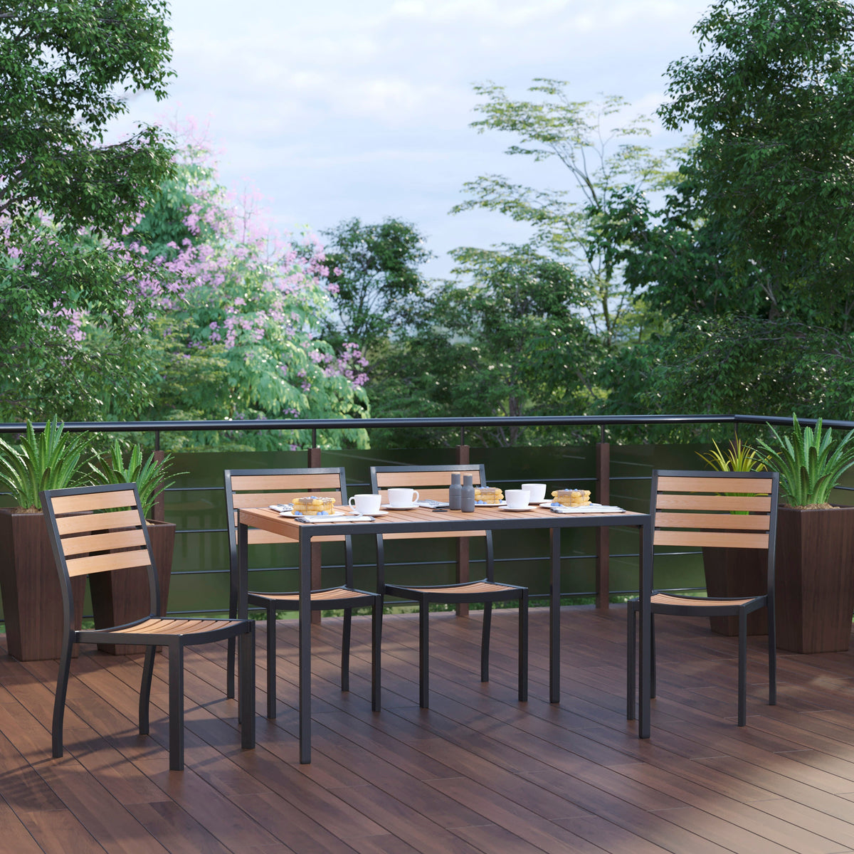 Flash Furniture XU-DG-304860364-GG Indoor/Outdoor 30" x 48" Black Steel Framed Faux Teak Patio Table with 4 Chairs - View 2