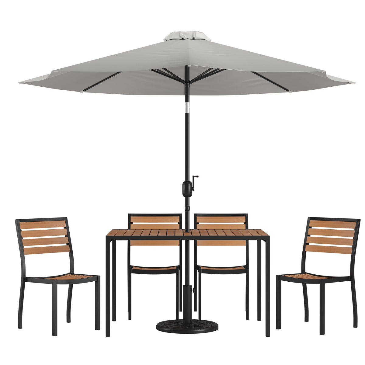 Flash Furniture XU-DG-304860364-UB19BGY-GG Faux Teak 30" x 48" Patio Table, 4 Chairs & Gray 9FT Patio Umbrella with Base - Main view
