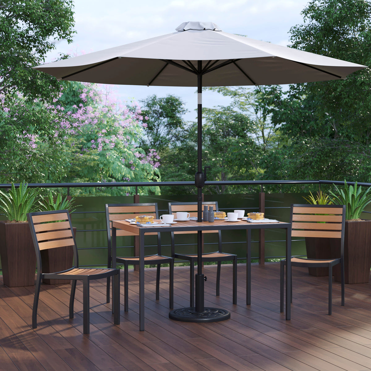 Flash Furniture XU-DG-304860364-UB19BGY-GG Faux Teak 30" x 48" Patio Table, 4 Chairs & Gray 9FT Patio Umbrella with Base - View 2