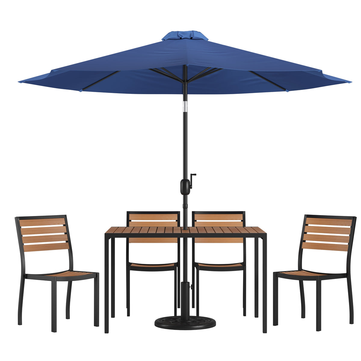 Flash Furniture XU-DG-304860364-UB19BNV-GG Faux Teak 30" x 48" Patio Table, 4 Chairs & Navy 9FT Patio Umbrella with Base - Main view
