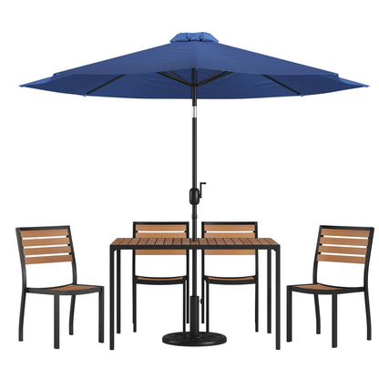 Flash Furniture XU-DG-304860364-UB19BNV-GG Faux Teak 30" x 48" Patio Table, 4 Chairs & Navy 9FT Patio Umbrella with Base - Main view