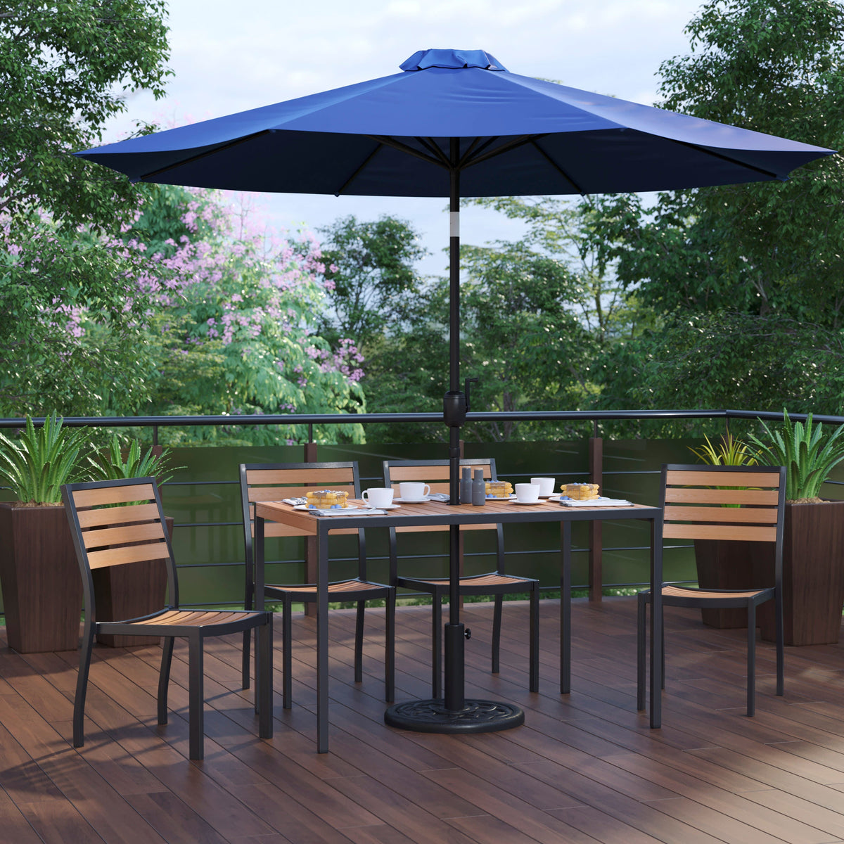 Flash Furniture XU-DG-304860364-UB19BNV-GG Faux Teak 30" x 48" Patio Table, 4 Chairs & Navy 9FT Patio Umbrella with Base - View 2