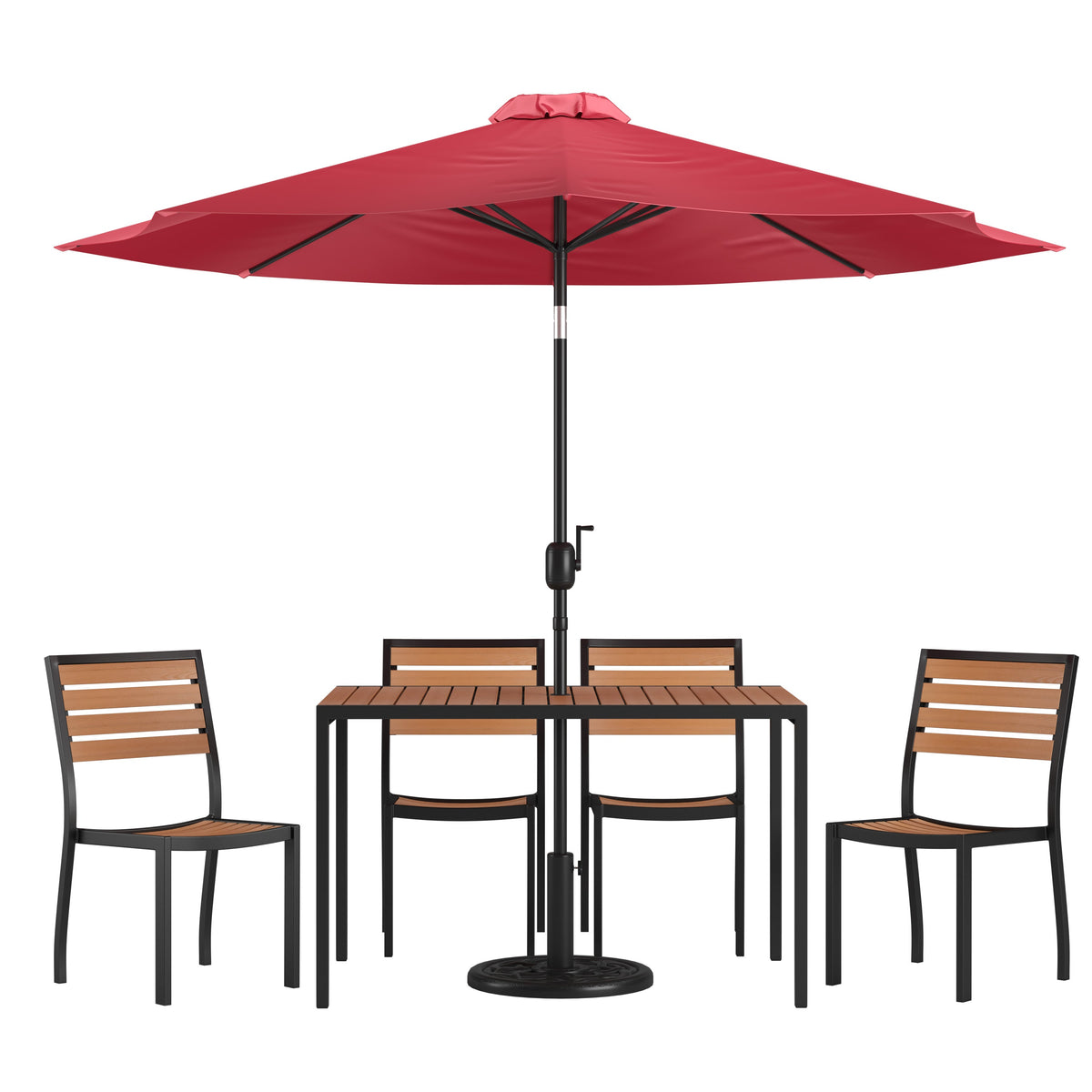 Flash Furniture XU-DG-304860364-UB19BRD-GG Faux Teak 30" x 48" Patio Table, 4 Chairs & Red 9FT Patio Umbrella with Base - Main view