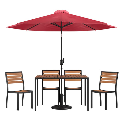 Flash Furniture XU-DG-304860364-UB19BRD-GG Faux Teak 30" x 48" Patio Table, 4 Chairs & Red 9FT Patio Umbrella with Base - Main view