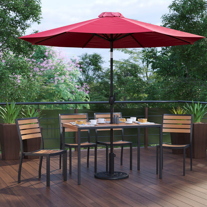 Flash Furniture XU-DG-304860364-UB19BRD-GG Faux Teak 30" x 48" Patio Table, 4 Chairs & Red 9FT Patio Umbrella with Base - View 2