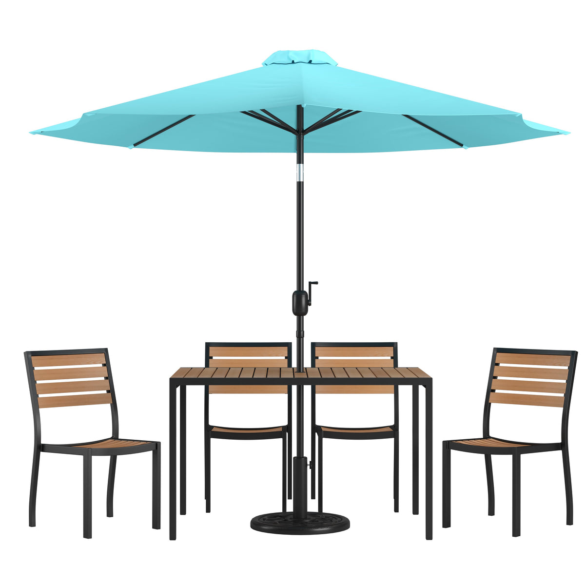 Flash Furniture XU-DG-304860364-UB19BTL-GG Faux Teak 30" x 48" Patio Table, 4 Chairs & Teal 9FT Patio Umbrella with Base - Main view