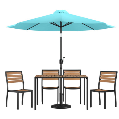 Flash Furniture XU-DG-304860364-UB19BTL-GG Faux Teak 30" x 48" Patio Table, 4 Chairs & Teal 9FT Patio Umbrella with Base - Main view