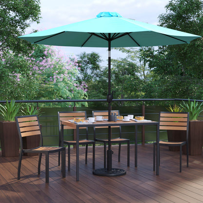 Flash Furniture XU-DG-304860364-UB19BTL-GG Faux Teak 30" x 48" Patio Table, 4 Chairs & Teal 9FT Patio Umbrella with Base - View 2