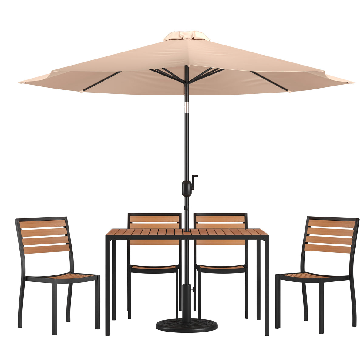 Flash Furniture XU-DG-304860364-UB19BTN-GG Faux Teak 30" x 48" Patio Table, 4 Chairs & Tan 9FT Patio Umbrella with Base - Main view