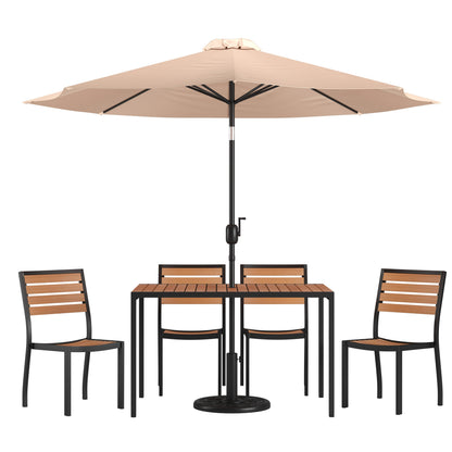 Flash Furniture XU-DG-304860364-UB19BTN-GG Faux Teak 30" x 48" Patio Table, 4 Chairs & Tan 9FT Patio Umbrella with Base - Main view