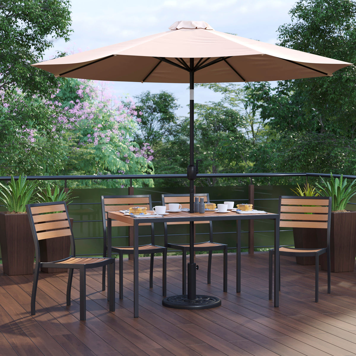 Flash Furniture XU-DG-304860364-UB19BTN-GG Faux Teak 30" x 48" Patio Table, 4 Chairs & Tan 9FT Patio Umbrella with Base - View 2