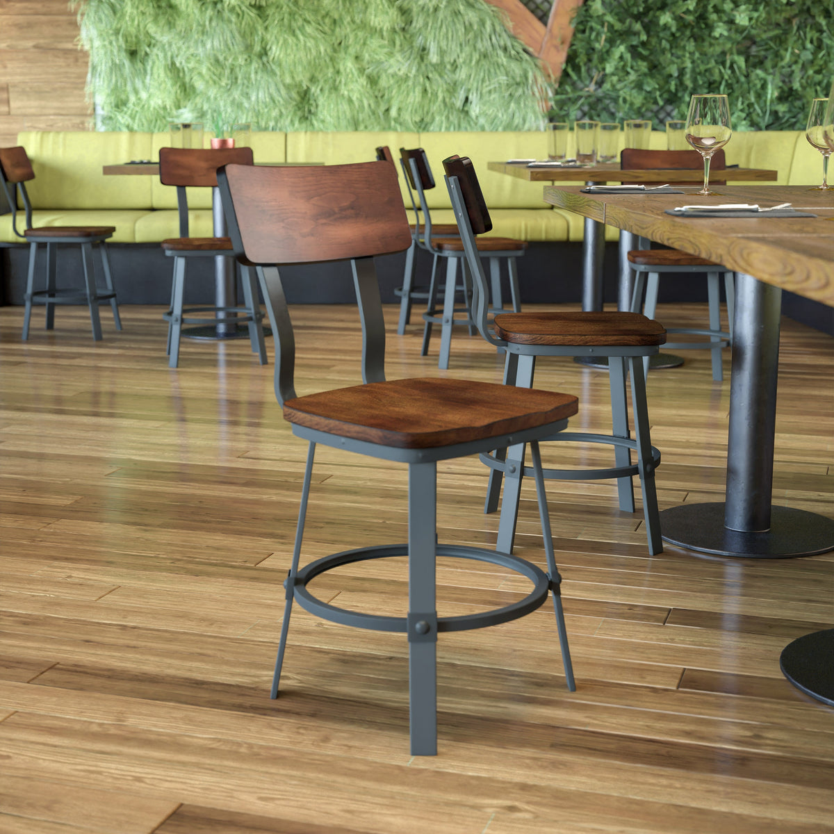 Flash Furniture XU-DG-60582-GG Rustic Walnut Restaurant Chair with Wood Seat & Back and Gray Powder Coat Frame - View 2