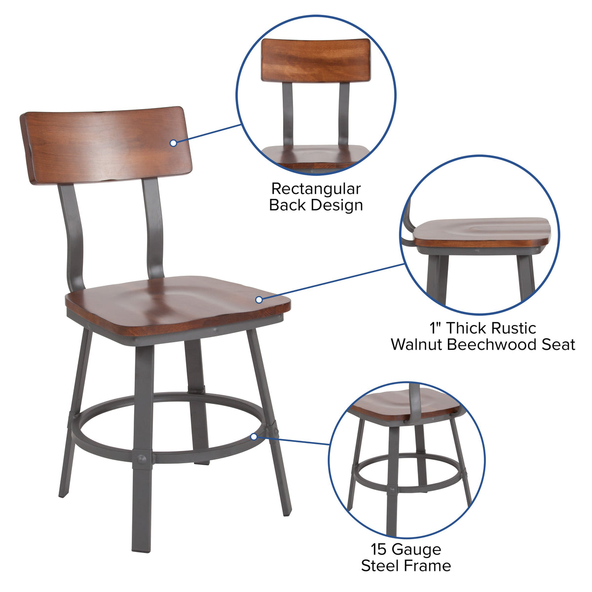 Flash Furniture XU-DG-60582-GG Rustic Walnut Restaurant Chair with Wood Seat & Back and Gray Powder Coat Frame - View 3