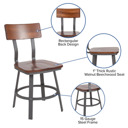 Flash Furniture XU-DG-60582-GG Rustic Walnut Restaurant Chair with Wood Seat & Back and Gray Powder Coat Frame - View 3