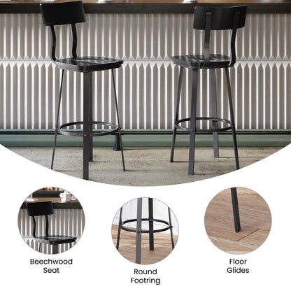 Flash Furniture XU-DG-60582B-BLK-GG Black Restaurant Barstool with Wood Seat & Back & Black Powder Coat Frame - View 3