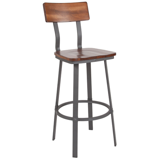 Flash Furniture XU-DG-60582B-GG Rustic Walnut Restaurant Barstool with Wood Seat & Back & Gray Powder Coat Frame - Main view