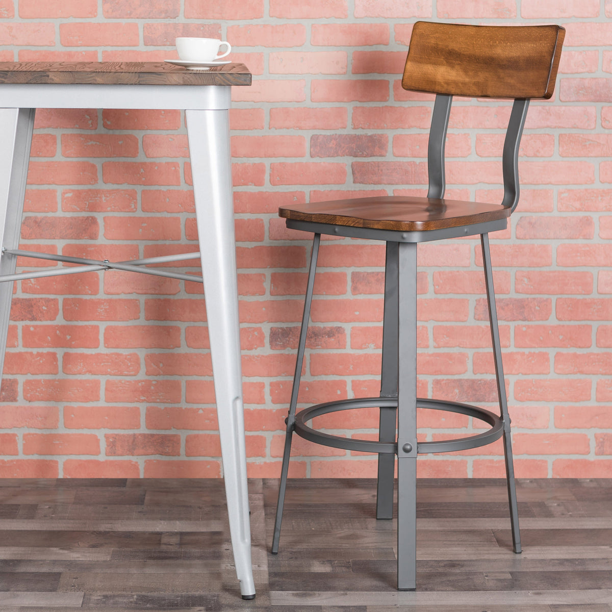 Flash Furniture XU-DG-60582B-GG Rustic Walnut Restaurant Barstool with Wood Seat & Back & Gray Powder Coat Frame - View 2