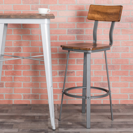 Flash Furniture XU-DG-60582B-GG Rustic Walnut Restaurant Barstool with Wood Seat & Back & Gray Powder Coat Frame - View 2