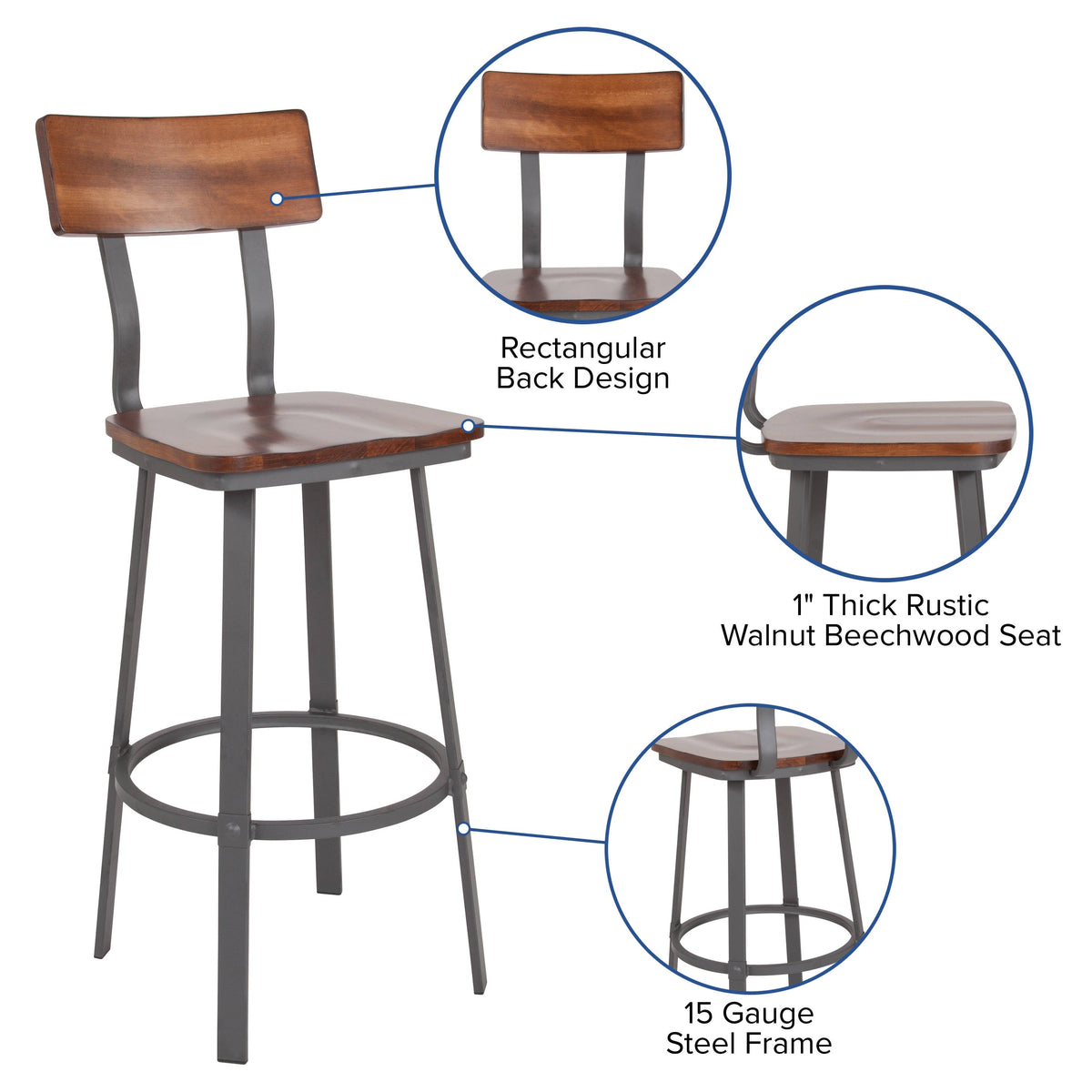 Flash Furniture XU-DG-60582B-GG Rustic Walnut Restaurant Barstool with Wood Seat & Back & Gray Powder Coat Frame - View 3