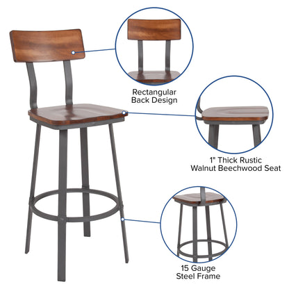 Flash Furniture XU-DG-60582B-GG Rustic Walnut Restaurant Barstool with Wood Seat & Back & Gray Powder Coat Frame - View 3