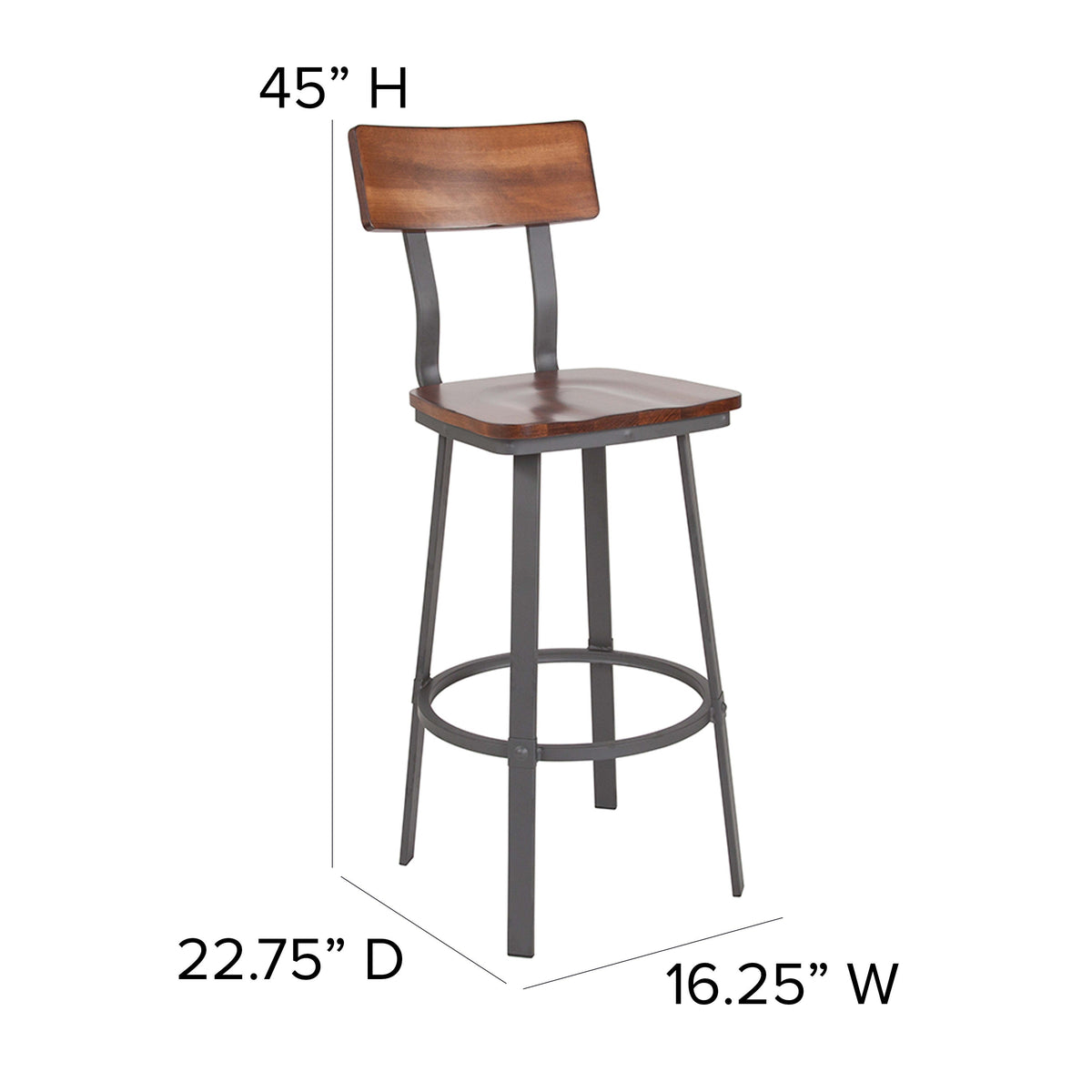 Flash Furniture XU-DG-60582B-GG Rustic Walnut Restaurant Barstool with Wood Seat & Back & Gray Powder Coat Frame - View 4