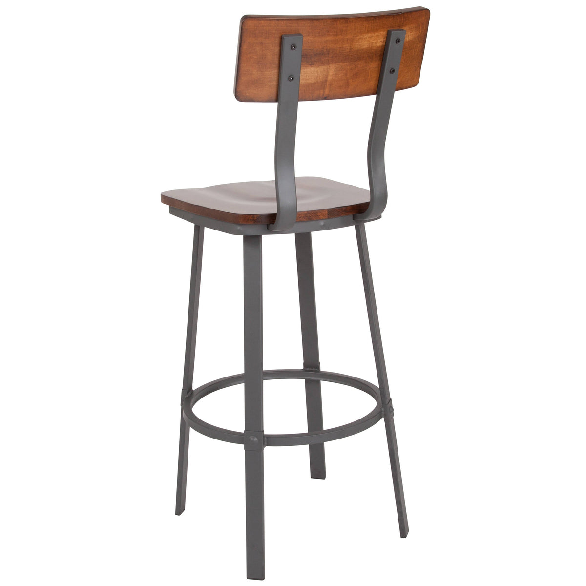 Flash Furniture XU-DG-60582B-GG Rustic Walnut Restaurant Barstool with Wood Seat & Back & Gray Powder Coat Frame - View 5