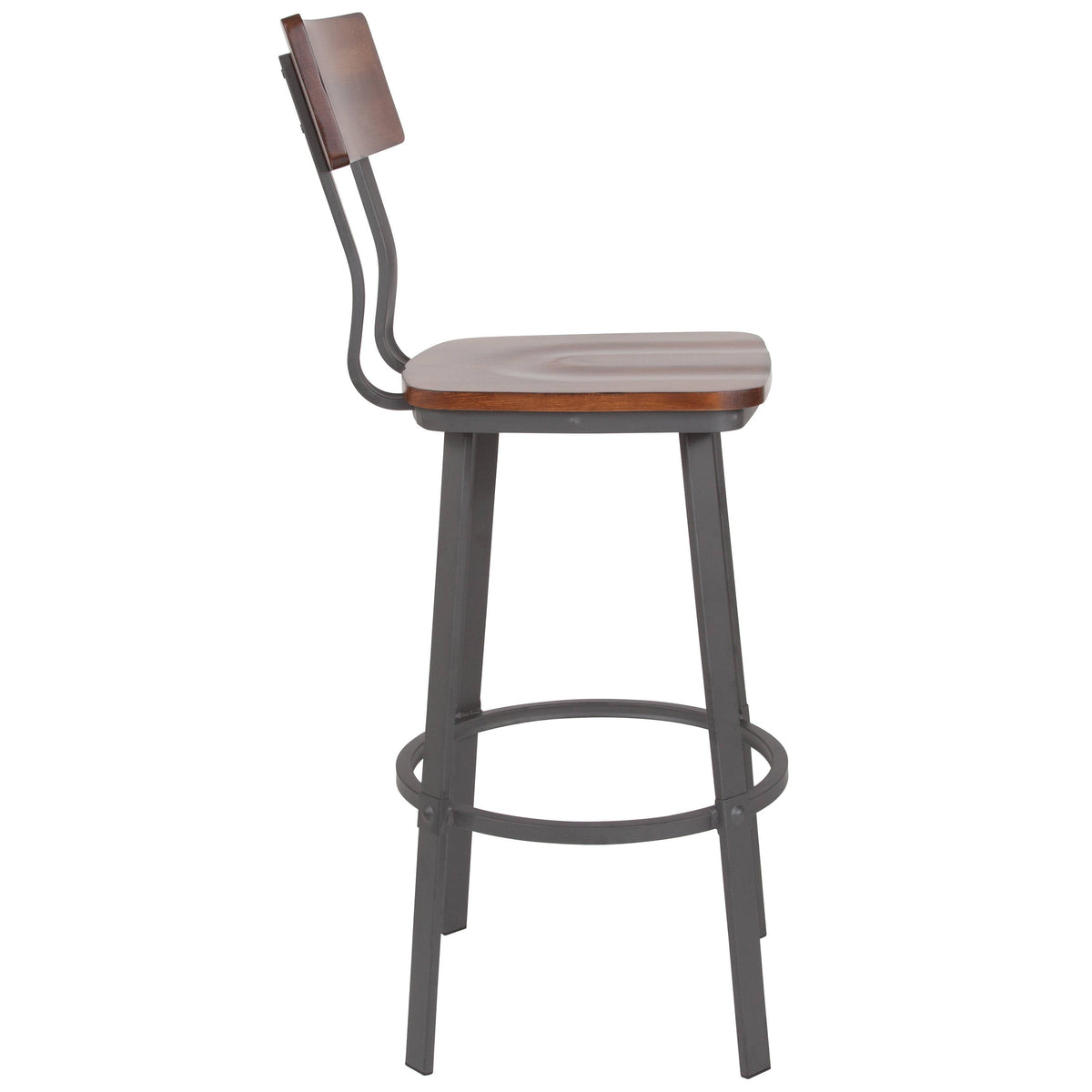 Flash Furniture XU-DG-60582B-GG Rustic Walnut Restaurant Barstool with Wood Seat & Back & Gray Powder Coat Frame - View 7