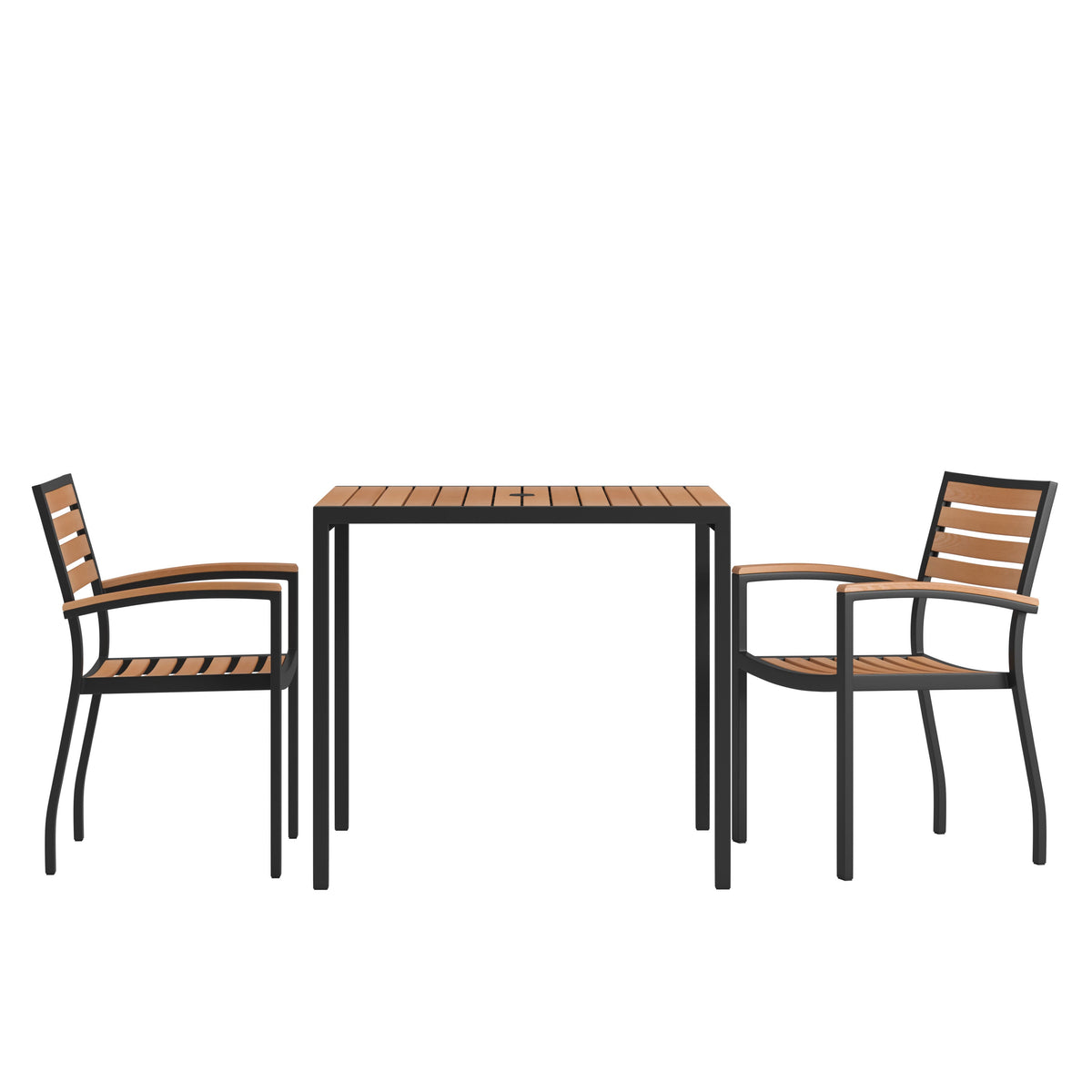 Flash Furniture XU-DG-810060062-GG Black Steel Framed 36" Square Faux Teak Table with Umbrella Hole & 2 Club Chairs - Main view