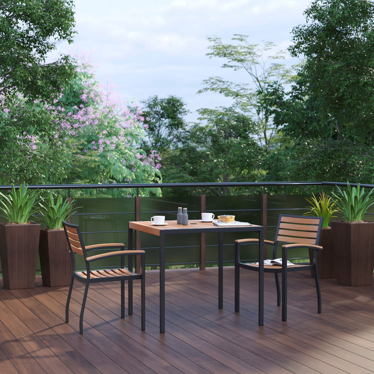 Flash Furniture XU-DG-810060062-GG Black Steel Framed 36" Square Faux Teak Table with Umbrella Hole & 2 Club Chairs - View 2