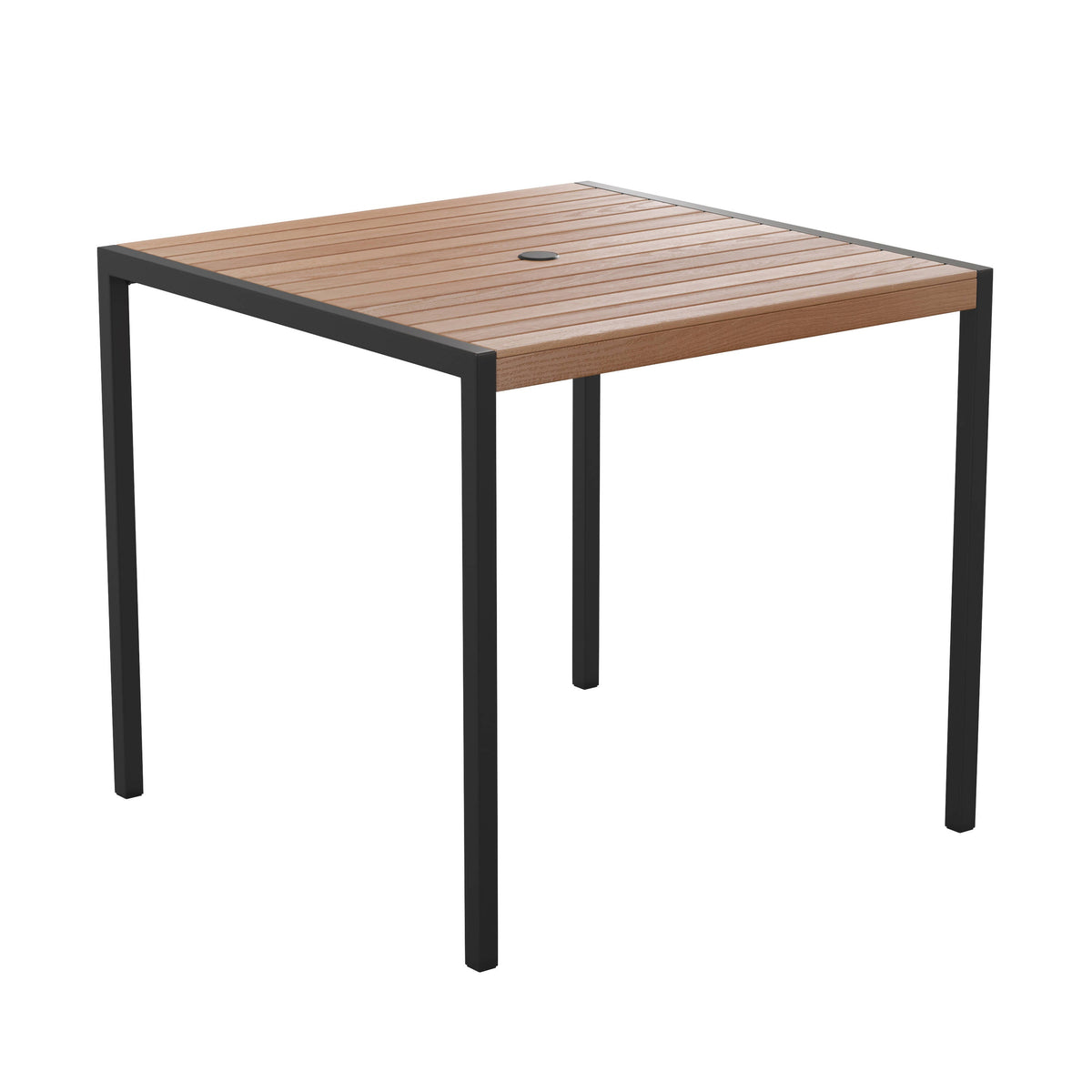 Flash Furniture XU-DG-810060062-GG Black Steel Framed 36" Square Faux Teak Table with Umbrella Hole & 2 Club Chairs - View 7